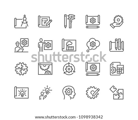 Simple Set of Engineering Design Related Vector Line Icons. 
Contains such Icons as Blueprint, Idea, Tools and more. Editable Stroke. 48x48 Pixel Perfect.