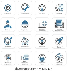 Simple Set of Engineering Flat Line Icons. Contains such Symbols as Manufacturing, Technology, Engineer, Team, Solutions, Service and more.