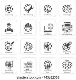 Simple Set of Engineering Flat Line Icons. Contains such Symbols as Manufacturing, Technology, Engineer, Team, Solutions, Service and more.