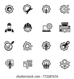 Simple Set of Engineering Flat Line Icons. Contains such Symbols as Manufacturing, Technology, Engineer, Team, Solutions, Service and more.