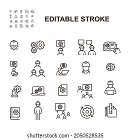 Simple Set of Engineering People Related Vector Line Icons. Contains such Icons as Teamwork, Tech Presentation, Communication and more. Editable Stroke. Eps 10.