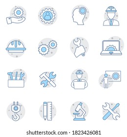 Conjunto simple de iconos de línea de vectores de color relacionados con la ingeniería. Contiene iconos como Cálculos, Blueprint, Ingeniero, Aplicación móvil. Diseño y más.