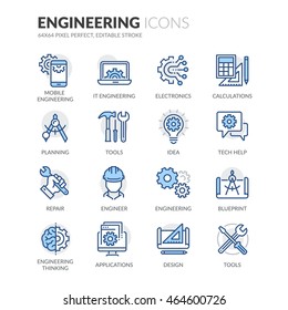 Simple Set of Engineering Related Color Vector Line Icons. 
Contains such Icons as Calculations, Blueprint, Engineer, App Design and more. 
Editable Stroke. 64x64 Pixel Perfect. 