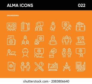 Simple Set of Engineering Related Vector Line Icons. Contains such Icons as Machinery, Tech Presentation, Engineering Specialist, Tech Operator and more. 64x64 Pixel Perfect.