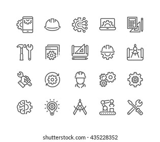 Simple Set of Engineering Related Vector Line Icons. 
Contains such Icons as Manufacturing, Engineer, Production, Settings and more. 
Editable Stroke. 48x48 Pixel Perfect. 