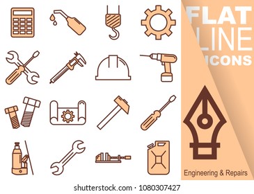 Simple Set of Engineering and Repairs vector flat line red Icons - calculator, oil, crane, sprocket, screwdriver, spanner, sliding gauge, helmet, drill, screw, drawing, hammer, vice, canister