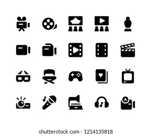 Simple Set of Entertainment Related Vector Glyph Icons. Contains such Icons as camera, movie, theatre, filmstrip, trophy and More. pixel perfect vector icons based on 32px grid. Well Organized 