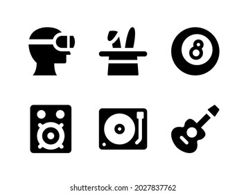 Simple Set of Entertainment Related Vector Solid Icons. Contains Icons as Virtual Reality, Guitar, Sound System, Turntable and more.