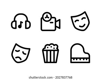 Simple Set of Entertainment Related Vector Line Icons. Contains Icons as Headphone, Camera, Theater Mask, Popcorn and more.