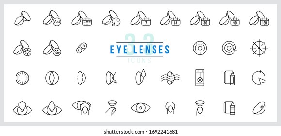 Simple Set of Eye Lens Related Vector Line Icons. Contains such Icons as Use time, Protection Container, Astigmatics, Lenses type, Solution and more. Editable stroke.