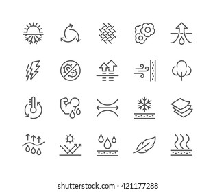 Simple Set of Fabric Feature Related Vector Line Icons. 
Contains such Icons as Waterproof, Layered Structure, Breathable fiber, Ultraviolet Protection and more. Editable Stroke. 48x48 Pixel Perfect. 