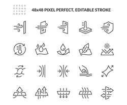 Simple Set Of Fabric Properties Related Vector Line Icons. 
Contains Such Icons As Stretching, Windproof, Breathable And More. Editable Stroke. 48x48 Pixel Perfect.