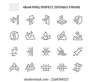 Einfache Set von Fabric-Eigenschaften verwandte Vektorliniensymbole. 
Enthält solche Symbole wie Stretching, Wind-proof, atmungsaktiv und mehr. Bearbeitbarer Stroke. 48x48 Pixel perfekt.