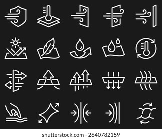 Simple Set of Fabric Properties Related Vector Line Icons. Contains such Icons as Stretching, Windproof, Breathable and more.