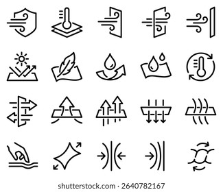 Simple Set of Fabric Properties Related Vector Line Icons. Contains such Icons as Stretching, Windproof, Breathable and more.