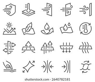 Simple Set of Fabric Properties Related Vector Line Icons. Contains such Icons as Stretching, Windproof, Breathable and more.