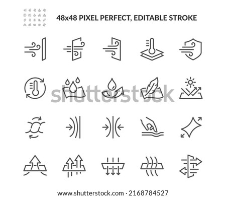 Simple Set of Fabric Properties Related Vector Line Icons. 
Contains such Icons as Stretching, Windproof, Breathable and more. Editable Stroke. 48x48 Pixel Perfect.