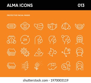 Simple Set of Face Mask Related Vector Line Icons. Contains such Icons as Respiratory Protection, Surgical Mask, Dust Particles and more. 64x64 Pixel Perfect.