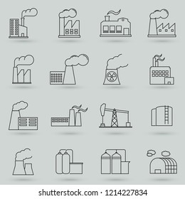Simple Set of Factories Related Vector Line Icons. Contains such Icons as Truck Terminal, Power Station, Mine, Warehouse, Greenhouse and more. Flat design