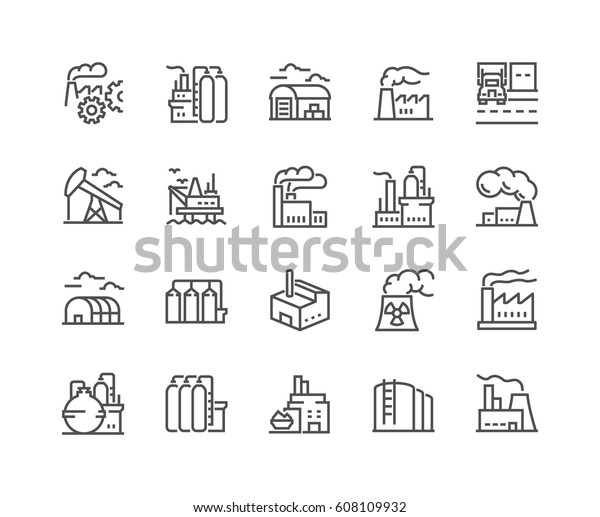 Simple Set\
of Factories Related Vector Line Icons. \
Contains such Icons as\
Truck Terminal, Power Station, Mine, Warehouse, Greenhouse and\
more.\
Editable Stroke. 48x48 Pixel\
Perfect.