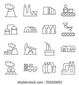 Simple Set of factory Related Vector Line Icons. Contains such Icons as mass production, automation, production equipment, technology, robots and more. 
