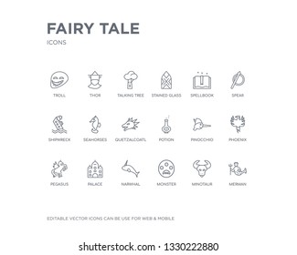 simple set of fairy tale vector line icons. contains such icons as merman, minotaur, monster, narwhal, palace, pegasus, phoenix, pinocchio, potion and more. editable pixel perfect.