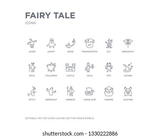 simple set of fairy tale vector line icons. contains such icons as valkyrie, vampire, viking ship, warrior, werewolf, witch, wizard, yeti, zeus and more. editable pixel perfect.