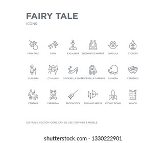simple set of fairy tale vector line icons. contains such icons as armor, atomic bomb, bow and arrow, broomstick, caribbean, centaur, cerberus, chimera, cinderella carriage and more. editable pixel