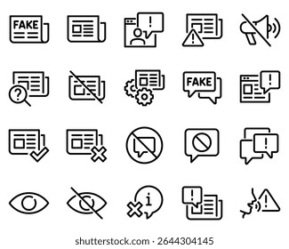 Conjunto Simples de Notícias Falsas Ícones de Linha de Vetor Relacionados. Contém ícones como informações incorretas, propaganda, conteúdo inadequado e muito mais.