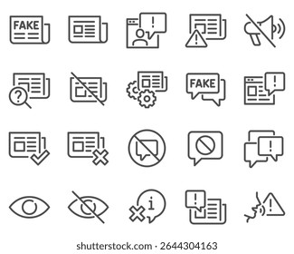 Conjunto Simples de Notícias Falsas Ícones de Linha de Vetor Relacionados. Contém ícones como informações incorretas, propaganda, conteúdo inadequado e muito mais.