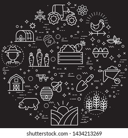 Simple Set of farm and agriculture Related Vector Line Illustration. Contains such Icons as apiculture, farming, organic and more. Modern style line drawing and background color black.