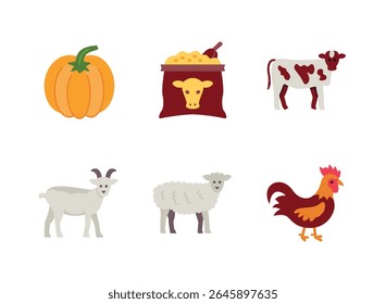 Conjunto simples de ícones de linha relacionados à agricultura. Contém ícones como abóbora, alimentação de vaca, cabra e muito mais.