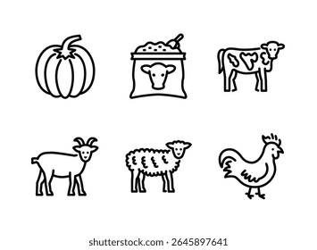 Conjunto simples de ícones de linha relacionados à agricultura. Contém ícones como abóbora, alimentação de vaca, cabra e muito mais.