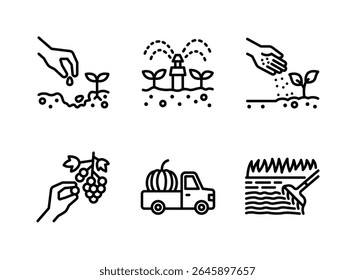 Simple Set of Farming Related Line Icons. Contains Icons as Planting Seeds, Watering Crops, Soil Fertility and more.
