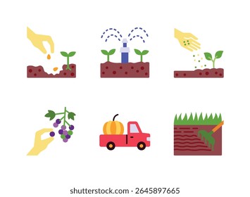 Simple Set of Farming Related Line Icons. Contains Icons as Planting Seeds, Watering Crops, Soil Fertility and more.