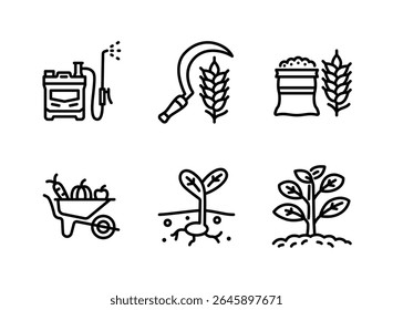 Conjunto simples de ícones de linha relacionados à agricultura. Contém ícones como pulverizador de pesticidas, colheita, saco de grãos e muito mais.