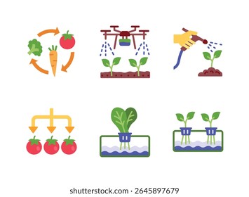 Conjunto simples de ícones de linha relacionados à agricultura. Contém ícones como rotação de culturas, irrigação de drones, planta de rega e muito mais.