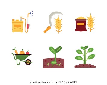 Conjunto simples de ícones de linha relacionados à agricultura. Contém ícones como pulverizador de pesticidas, colheita, saco de grãos e muito mais.