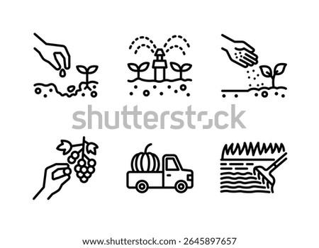 Simple Set of Farming Related Line Icons. Contains Icons as Planting Seeds, Watering Crops, Soil Fertility and more.