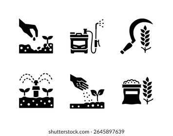 Conjunto simples de ícones sólidos relacionados à agricultura. Contém ícones como Plantando semente, Pulverizador de pesticidas, Feiticeira e muito mais.