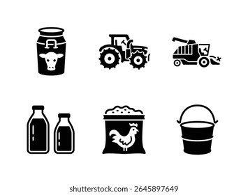 Conjunto simples de ícones sólidos relacionados à agricultura. Contém ícones como Milk Bucket, Trator, Combine Harvester e muito mais.