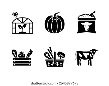 Conjunto simples de ícones sólidos relacionados à agricultura. Contém ícones como estufa, abóbora, alimentação de vaca e muito mais.