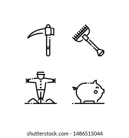 Simple Set of farming Related Vector Line Icons. Contains such Icons as scythe, rake, scarecrow, pig.