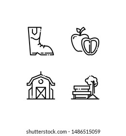 Simple Set of farming Related Vector Line Icons. Contains such Icons as boots, apple, barn, bench.