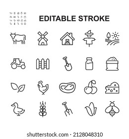 Simple Set of Farming Related Vector Line Icons. Contains such Barn, Livestock, Tree Garden and more.