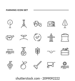 simple set of farming vector icons with editable line styles covering tractor, tree, sunlight and other. isolated on white background. 