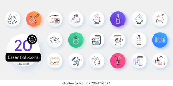 Simple set of Fast food, Food delivery and Coffee cup line icons. Include Water drop, Mint leaves, Potato icons. Gluten free, Burger, Ice cream web elements. Water glass, Coffee pot. Vector