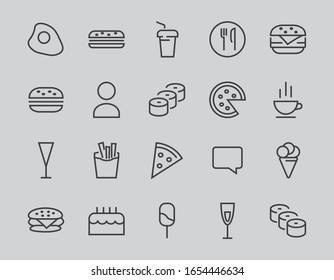 A simple set of fast food icons related to the vector line. Contains icons such as pizza, burger, sushi, bike, scrambled eggs and more. EDITABLE stroke. 480x480 pixels perfect, EPS 10.