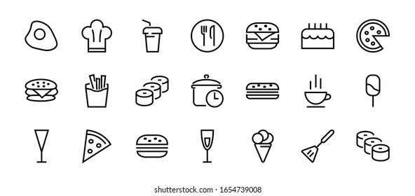 A simple set of fast food icons related to the vector line. Contains icons such as pizza, burger, sushi, bike, scrambled eggs and more. EDITABLE stroke. 480x480 pixels perfect, EPS 10.