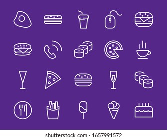 A simple set of fast food icons related to the vector line. Contains icons such as pizza, burger, sushi, bike, scrambled eggs and more. EDITABLE stroke. 480x480 pixels perfect, EPS 10.